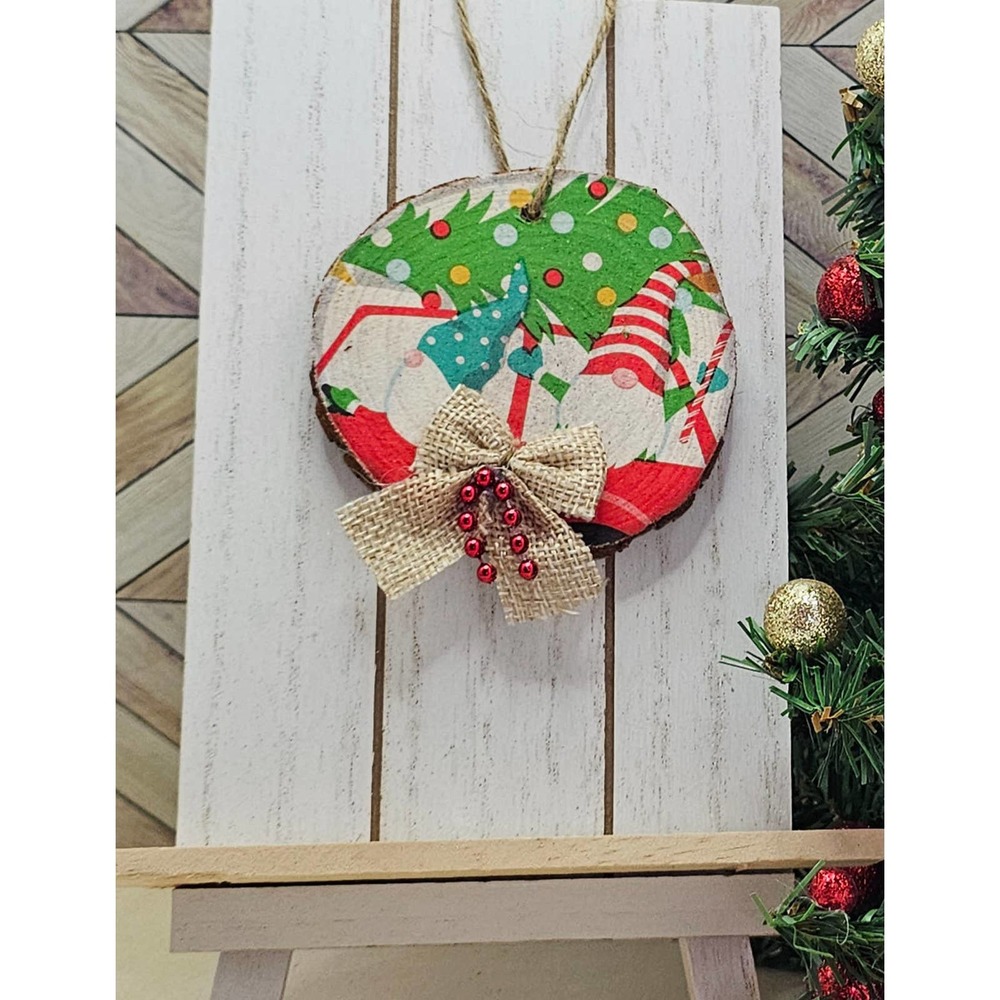 GnomeChristmas Burlap Bow Red accent Wooden Disk Holly Ornament/Gift Tag, 3 inch